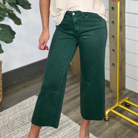 VERVET BY FLYING MONKEY Denim - Vervet Mallard GreenVervet-High Rise Wide Leg Crop Comfort Stretch Denim-Raw Hem